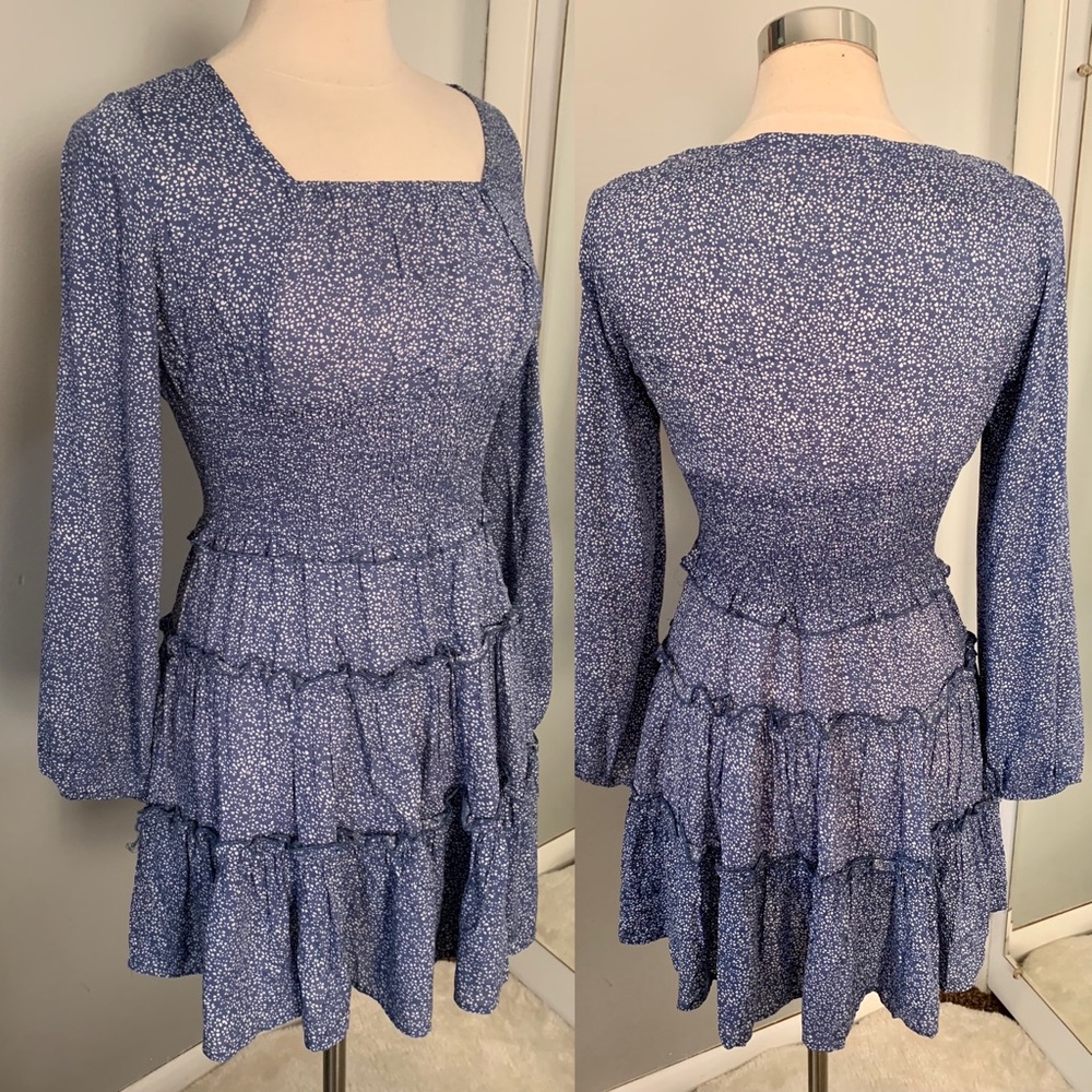 C+D+M Blue Ditsy Floral Tiered Dress Rushed Square Neck Size S
